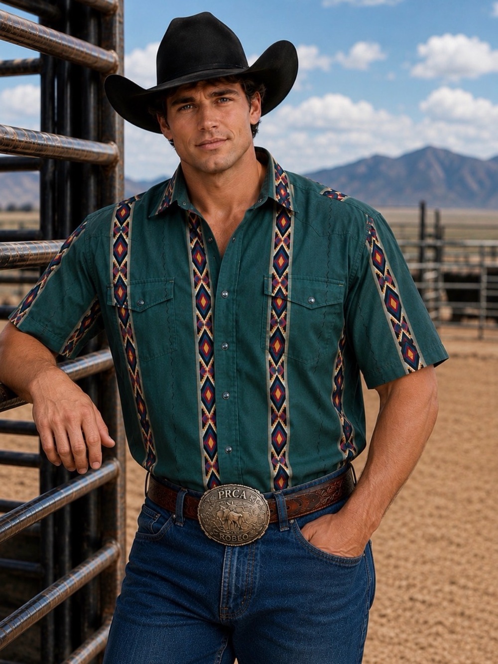 Vintage Wrangler Southwestern Western Snap Shirt Green Aztec Cowboy Rodeo Lg. 🤠